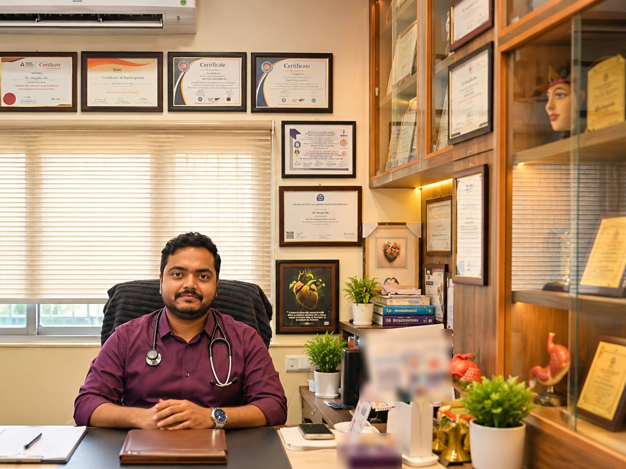 Dr. Tamoghna Das at his desk in the consultation room at Medcare, Bongaigaon