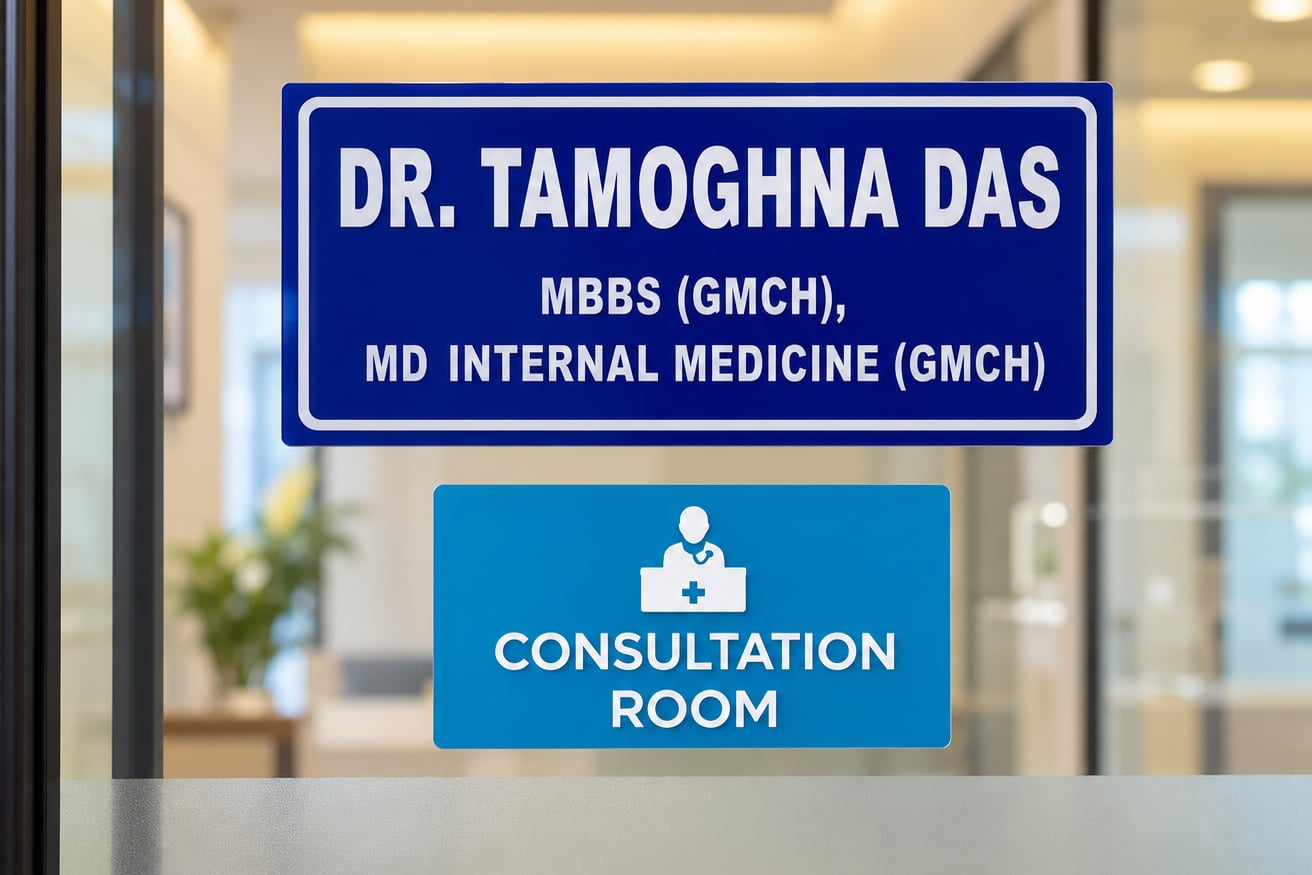 Consultation room door sign for Dr. Tamoghna Das, MBBS, MD Internal Medicine, Gauhati Medical College