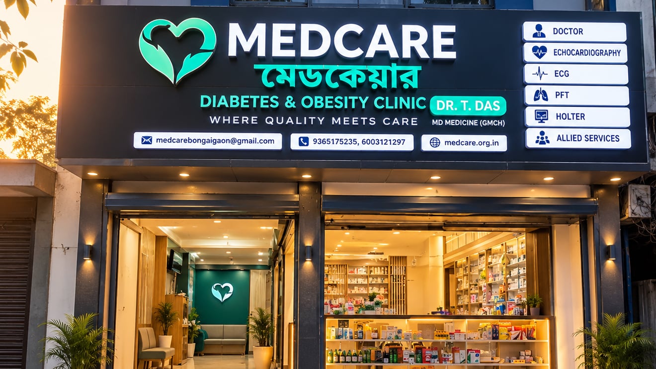 Front of Medcare Diabetes & Obesity Clinic on Chapaguri Road, North Bongaigaon, at dusk
