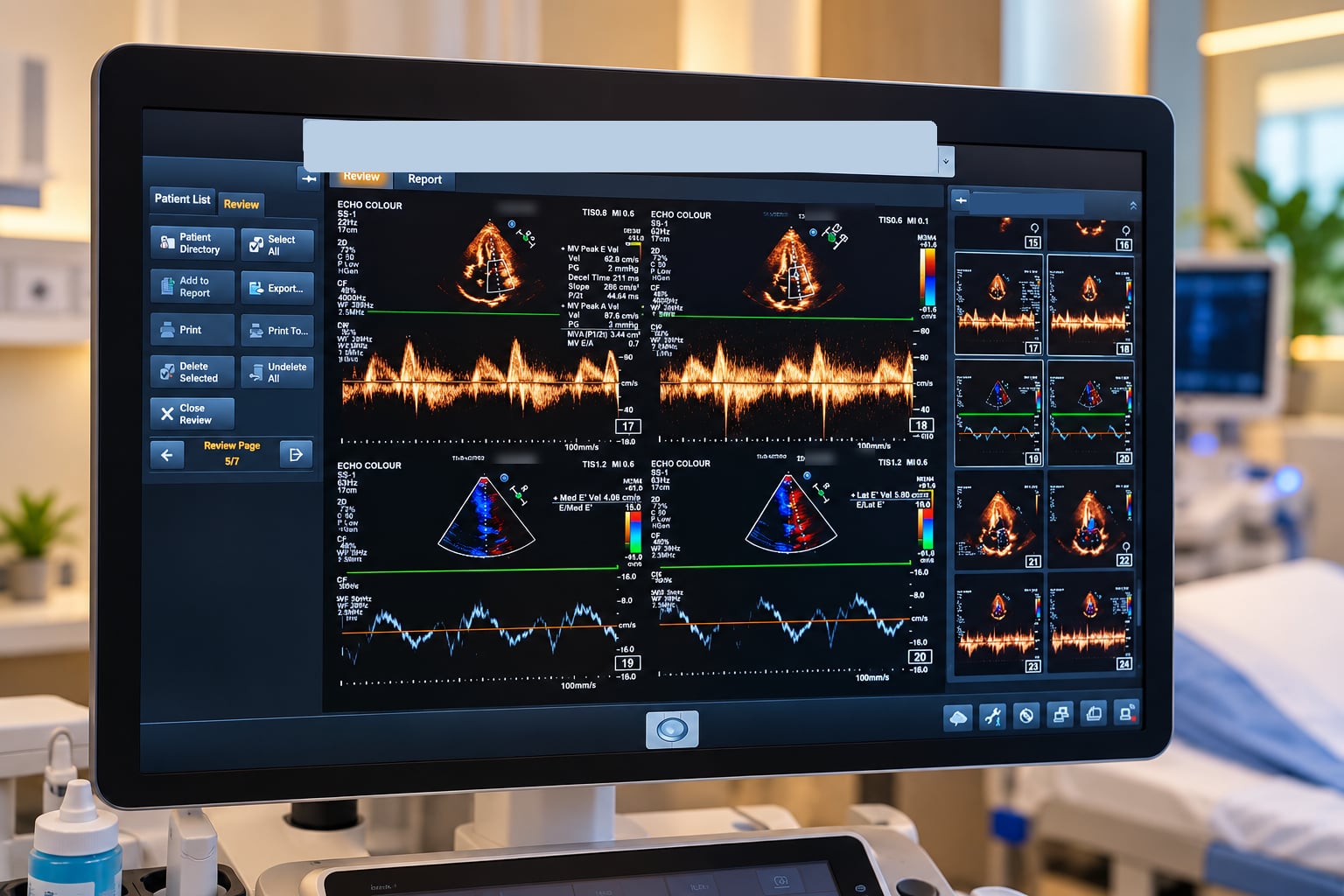 Echocardiography images with Doppler measurements on the screen of the echo system at Medcare