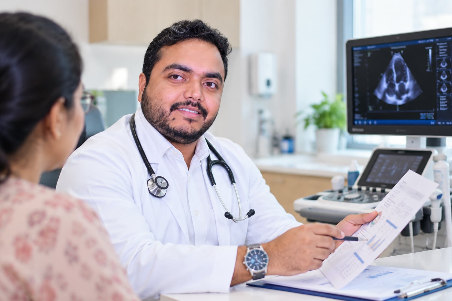 Dr. Tamoghna Das explaining a report to a patient during a consultation at Medcare