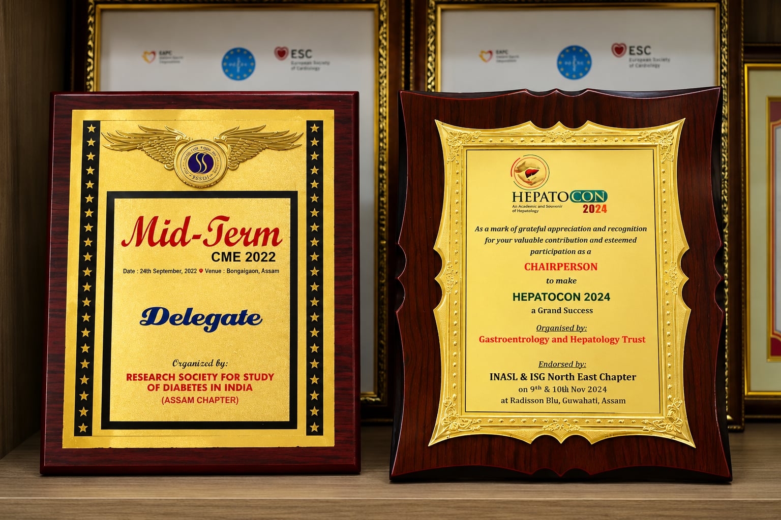 Plaques from the RSSDI Assam Chapter Mid-Term CME 2022 and HEPATOCON 2024